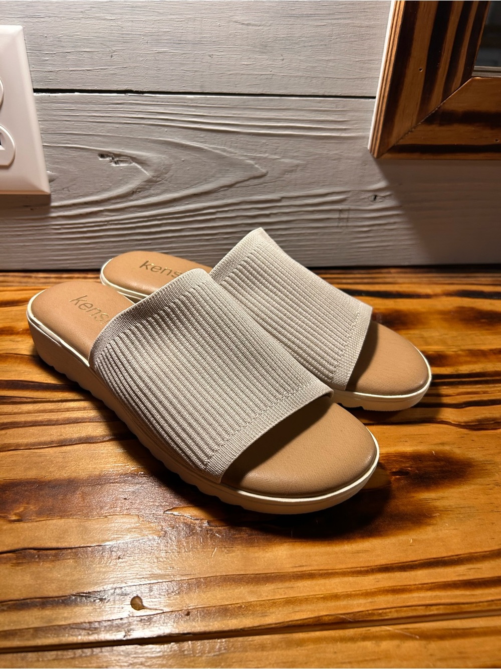 Kensie Cream Knit Slide Sandals with Tan Footbed
